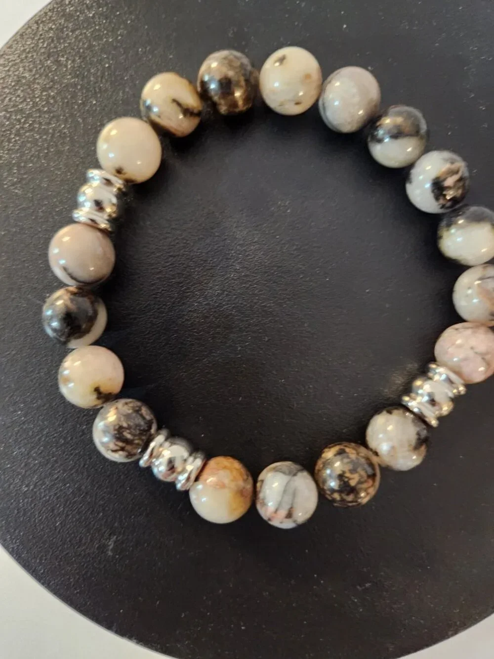 Hand Crafted Picasso Jasper Stretch Bracelet with Stainless Steel Accent Beads